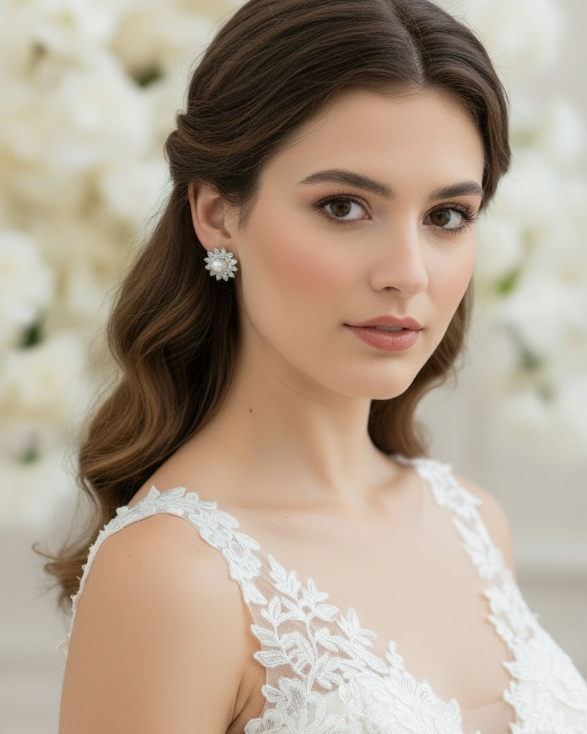 A pair of silver-toned flower-shaped stud earrings with white pearl centers and clear stones, presented in a white jewelry box with a black velvet insert.