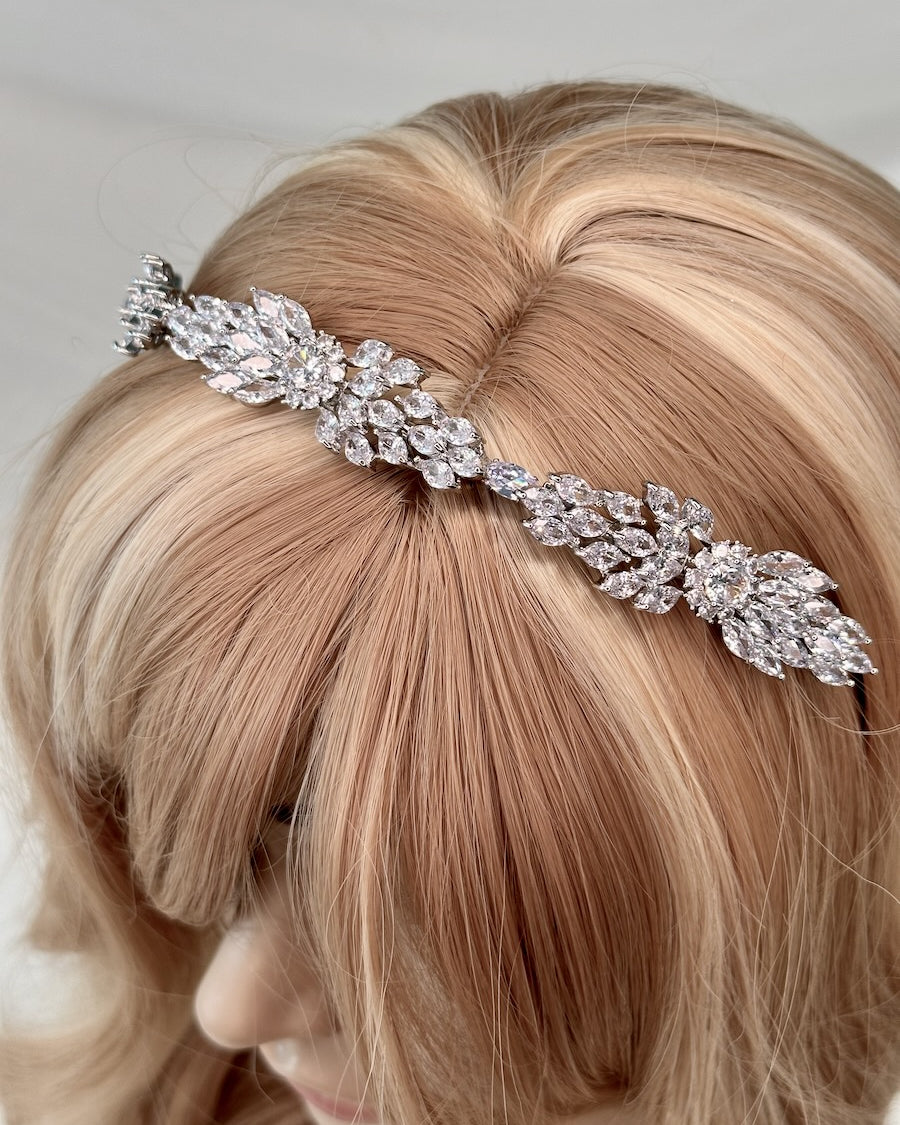 Bridal Silver Crystal Loxley Headband shown on a model head