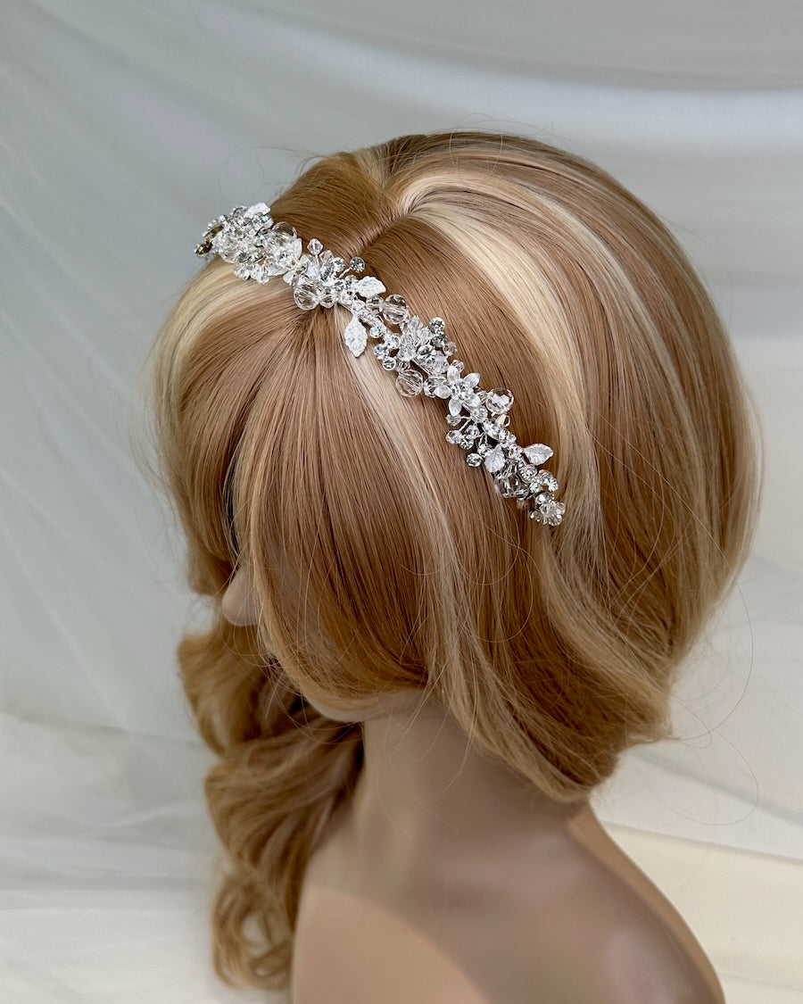 Faith Silver Crystal Bridal Headband worn on a model head