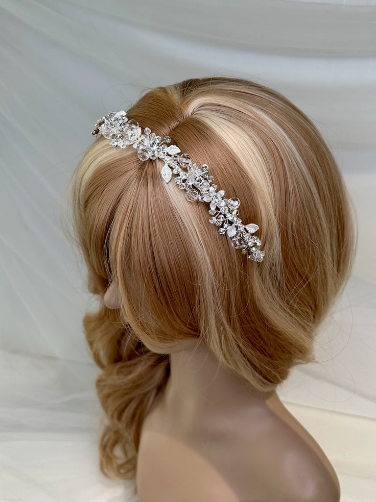 Faith Silver Crystal Bridal Headband worn on a model head