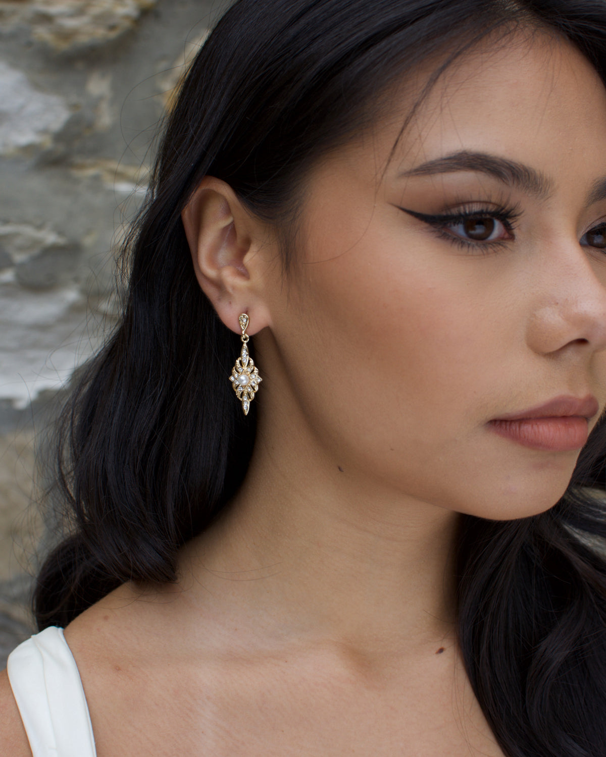 Antoinette gold pearl bridal earrings — detail view