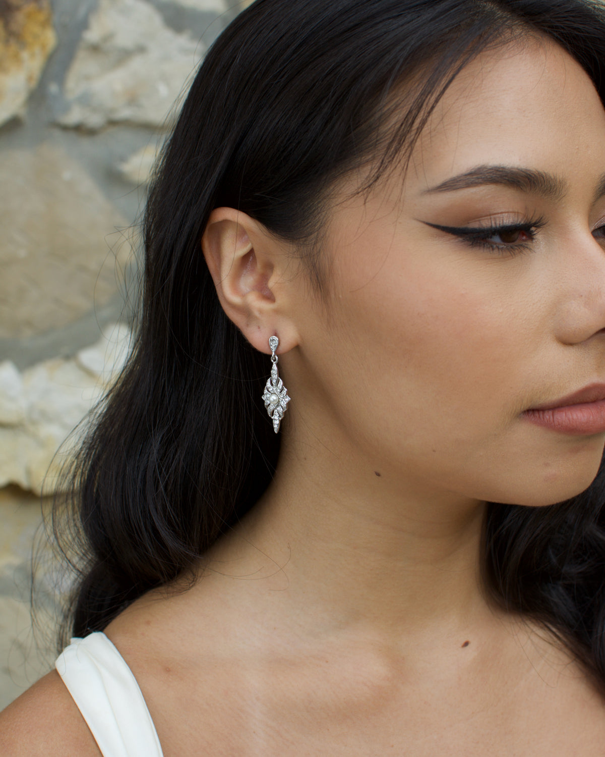 Antoinette silver pearl bridal earrings — close-up