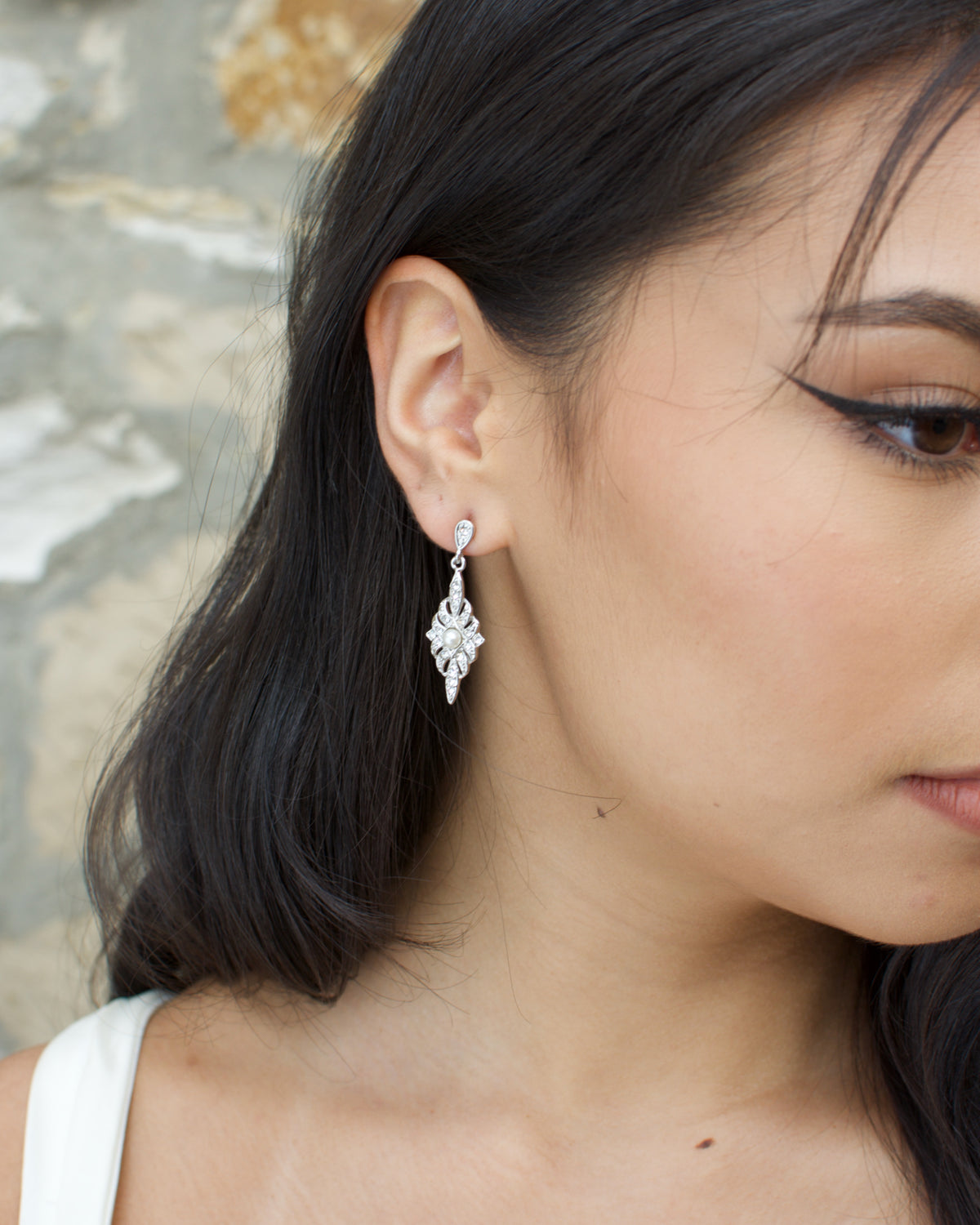 Antoinette silver pearl bridal earrings — detail view