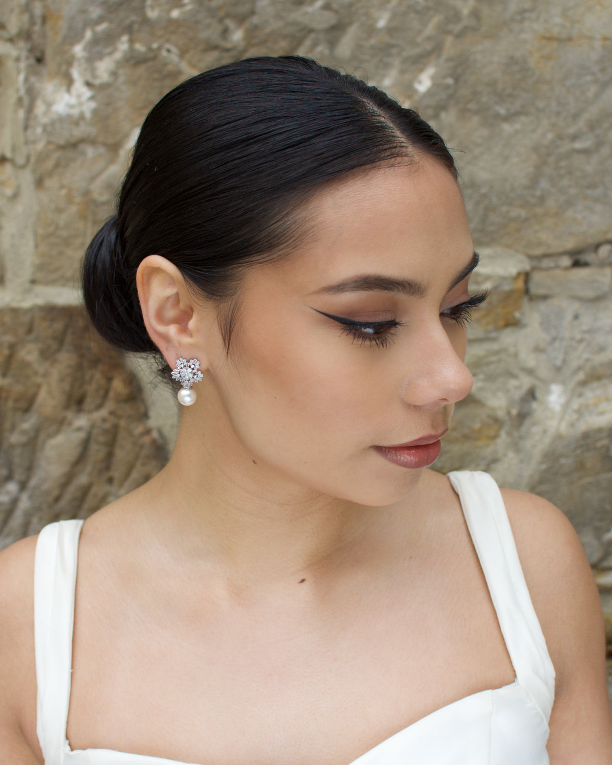 Zoe silver pearl stud bridal earrings — view 7