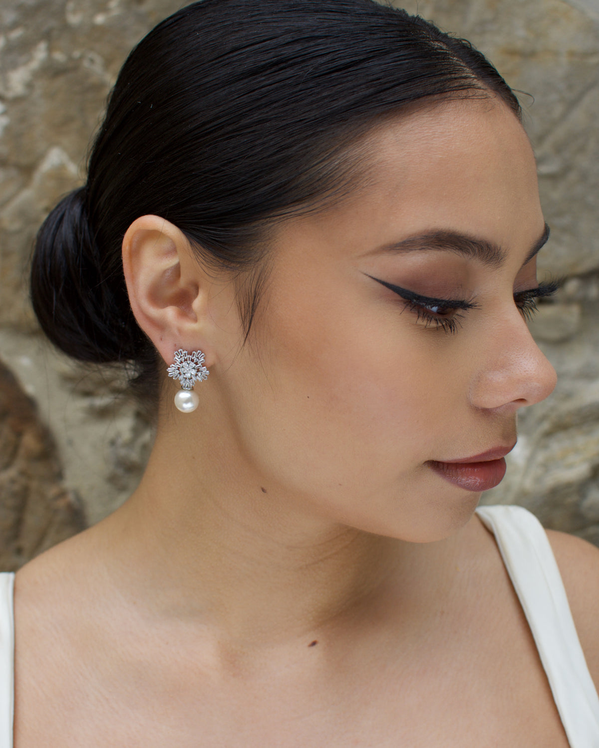 Zoe silver pearl stud bridal earrings — view 6