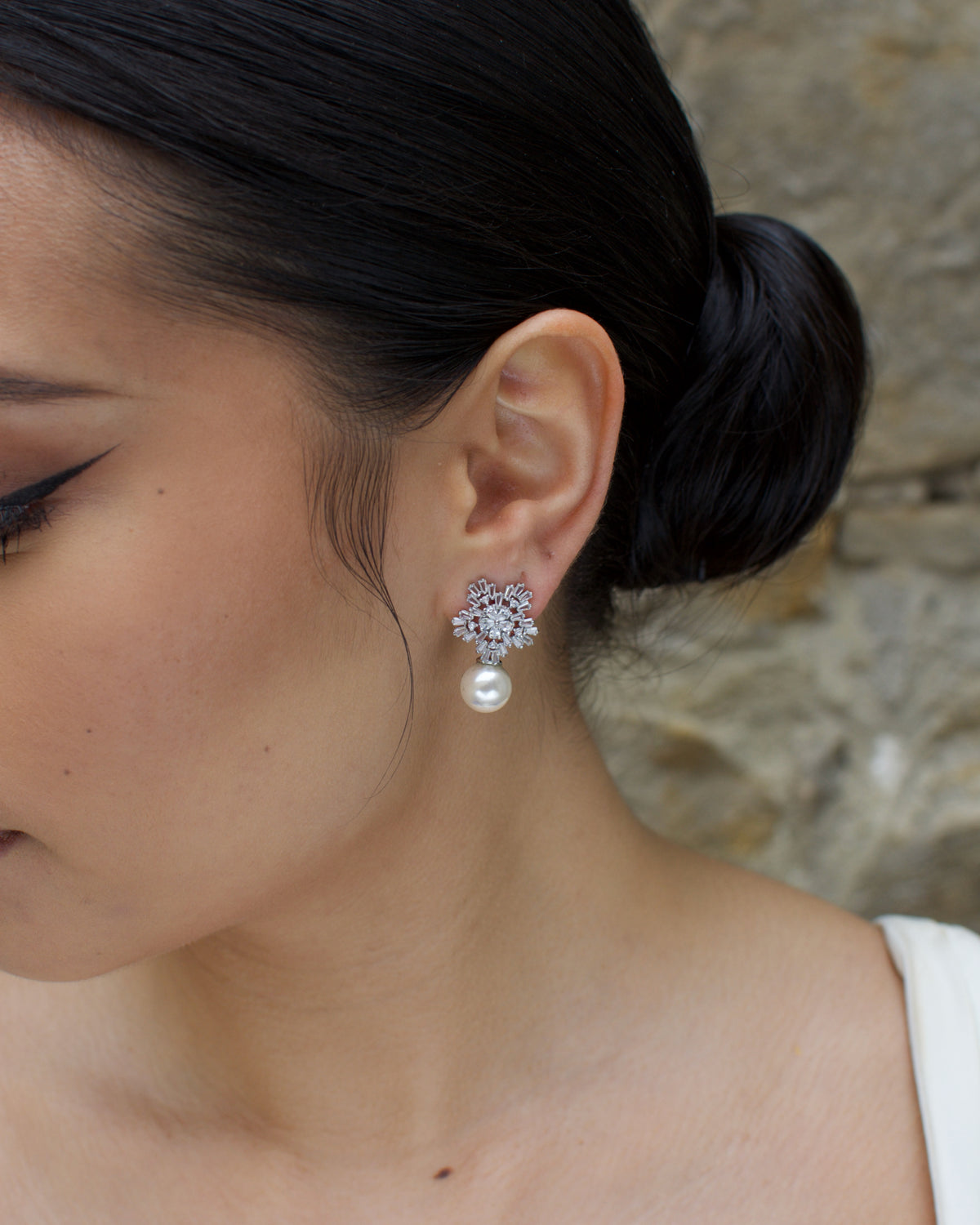 Zoe silver pearl stud bridal earrings — view 8