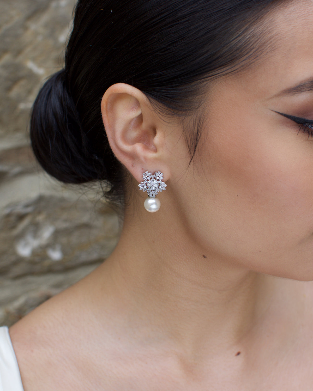 Zoe silver pearl stud bridal earrings — view 5