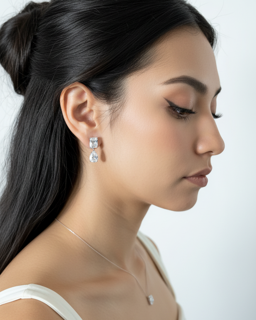 Ada White Gold Bridal Earring - close ear profile on model