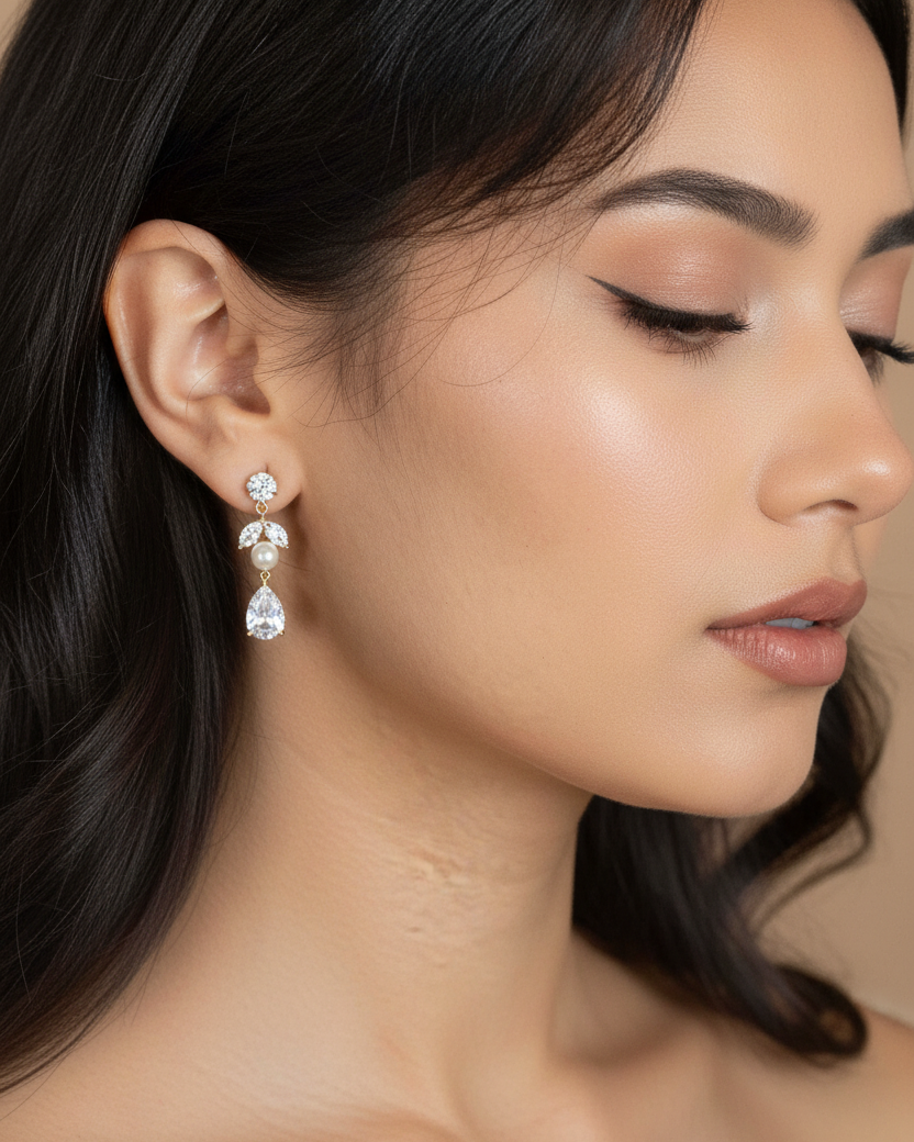 Bettie Gold Bridal Earring - close profile on model