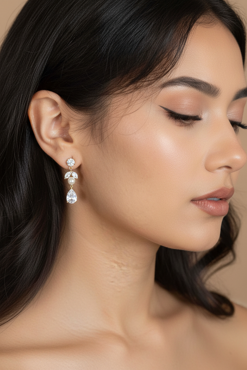 Bettie Gold Bridal Earring - close profile on model