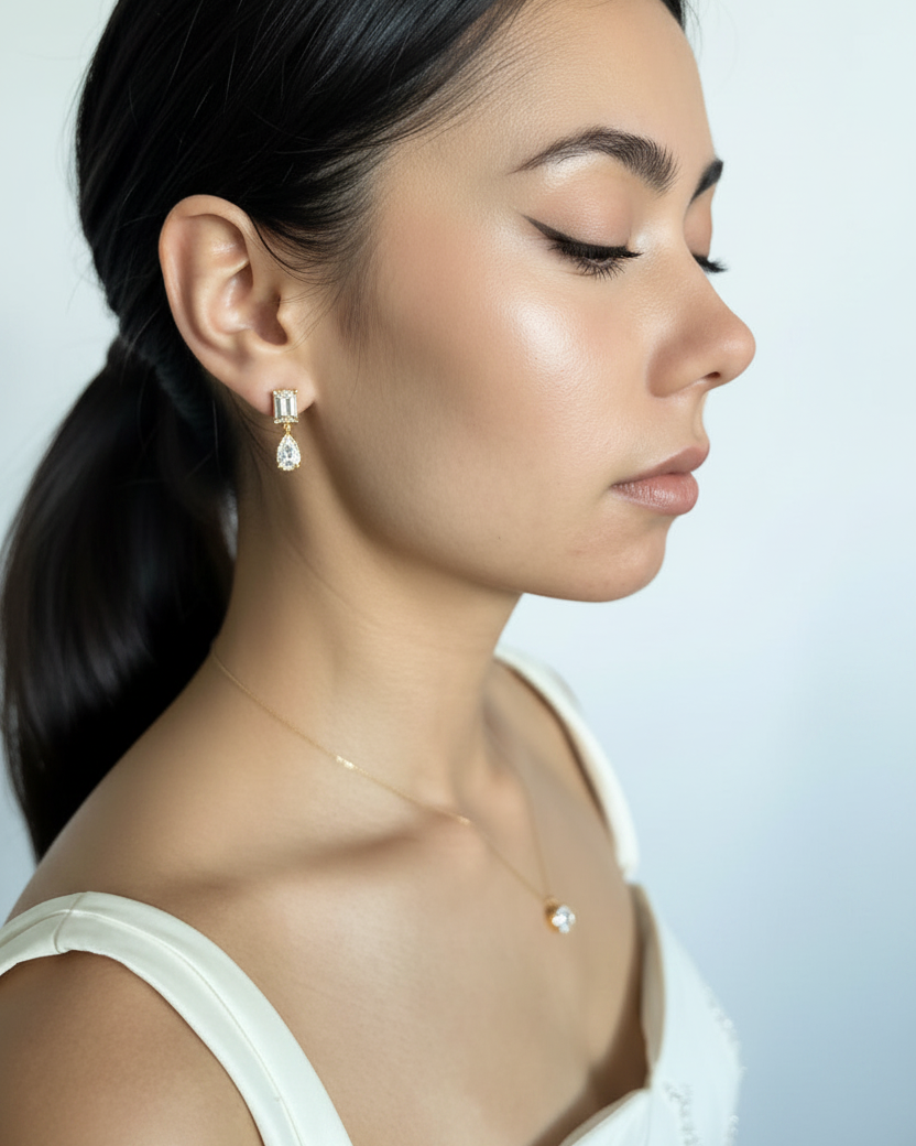Ada Gold Crystal Bridal Earring - close ear profile on model
