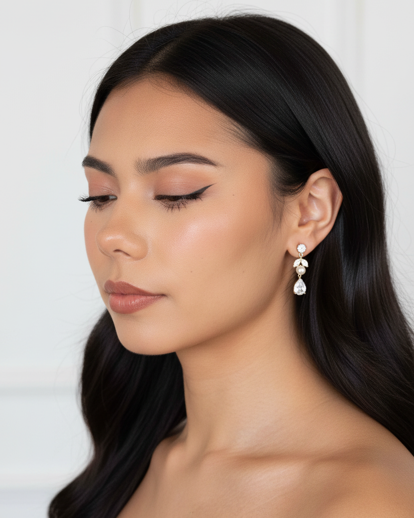 Bettie Gold Bridal Earring - front-facing bridal portrait on model