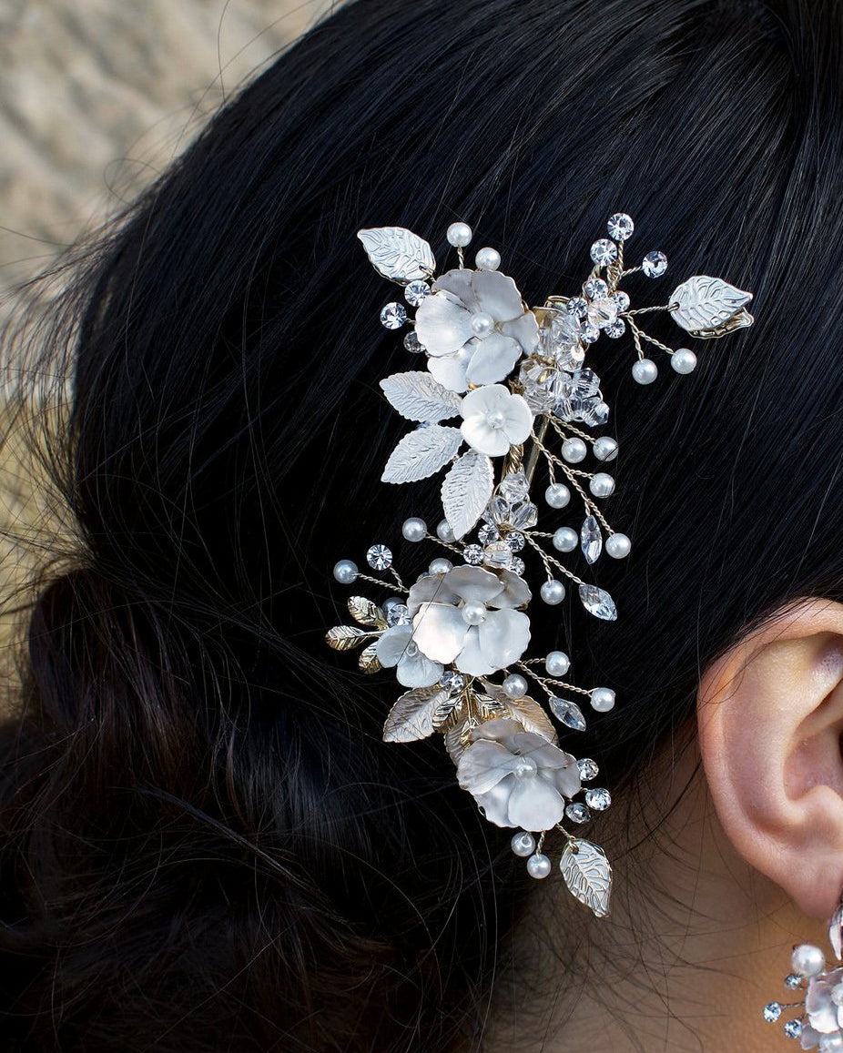 Pale Gold Bridal Hair comb with flowers and clip fitting looks lovely on dark hair
