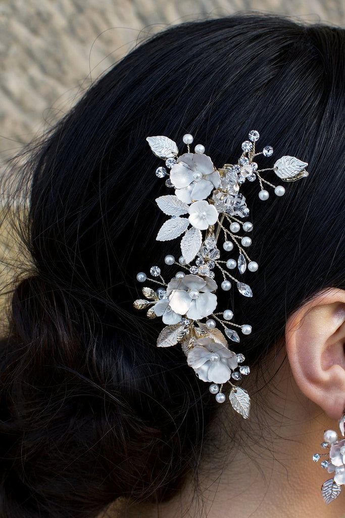 Pale Gold Bridal Hair comb with flowers and clip fitting looks lovely on dark hair