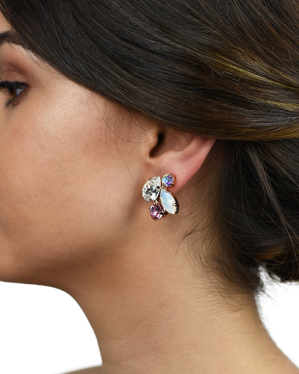 Statement Bridal Earring with Swarovski stones in different colours worn by a bride
