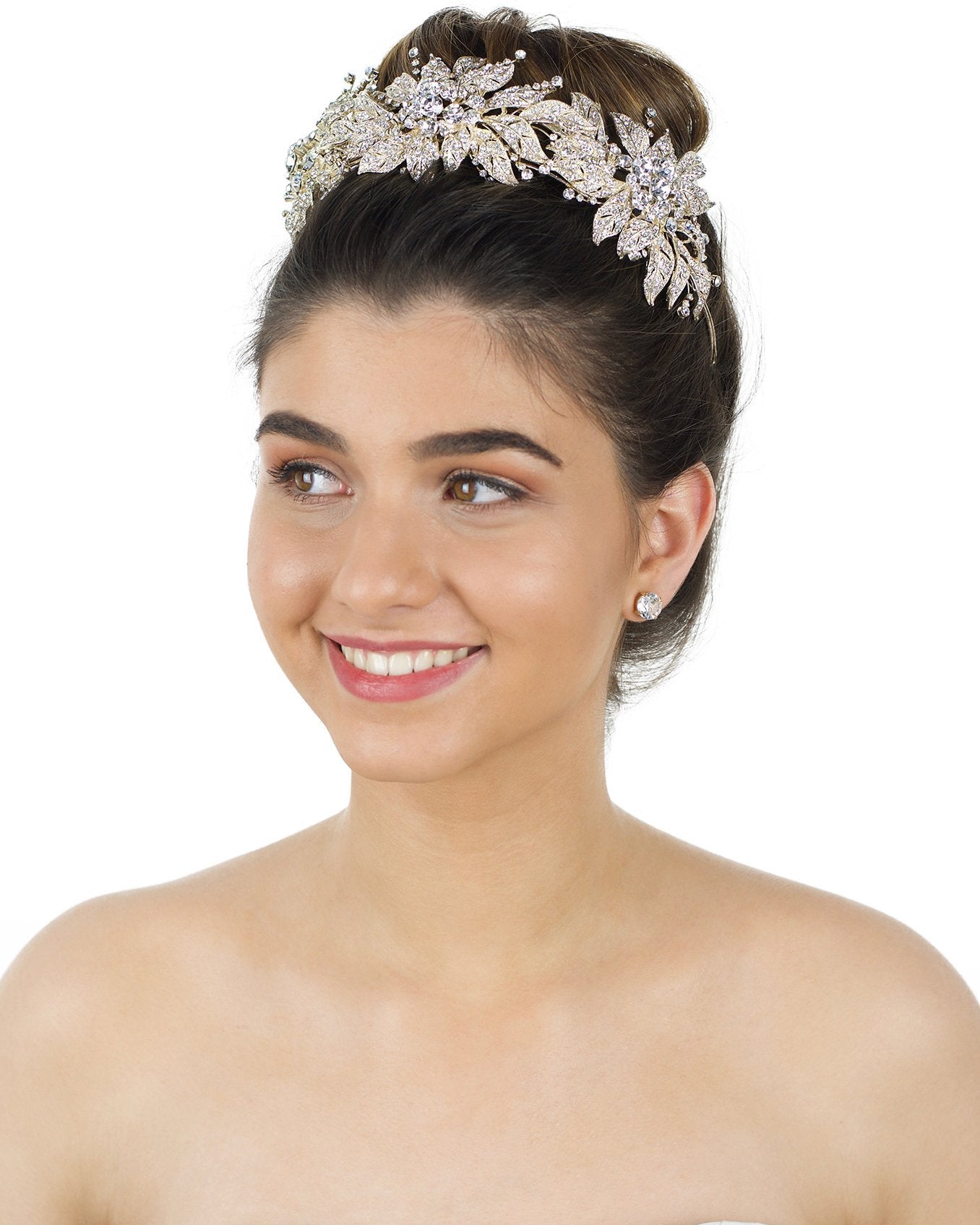 Handmade Pale Gold Bridal Tiara with hundreds of tiny stones worn by lovely smiling bride