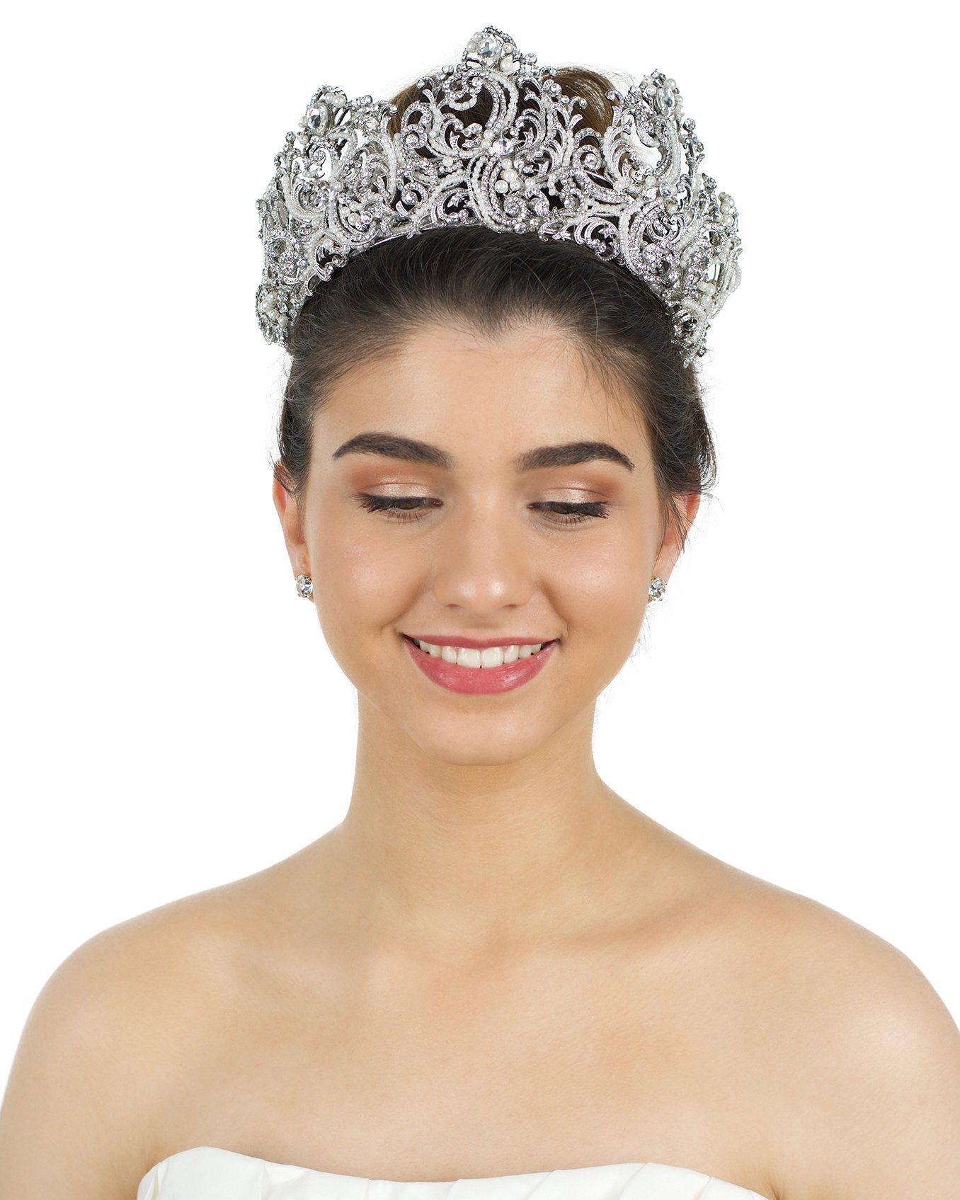 Five point crown with pearls shown on a lovely smiling bride