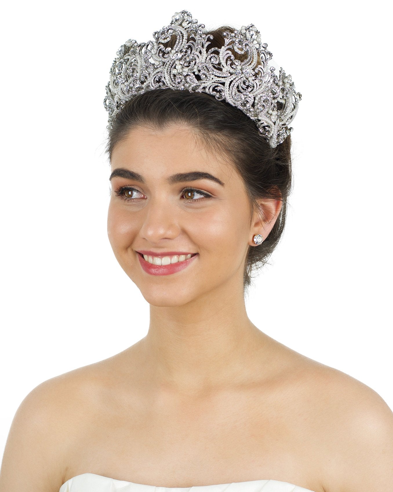 Bridal Crown with High Points and pearls shown on a happy Bride