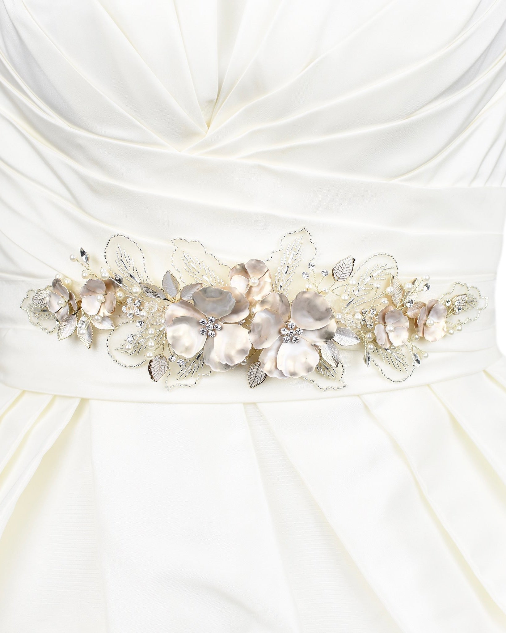 Wide Belt on an ivory Bridal Gown with large pale gold flowers and a border of lace leaves