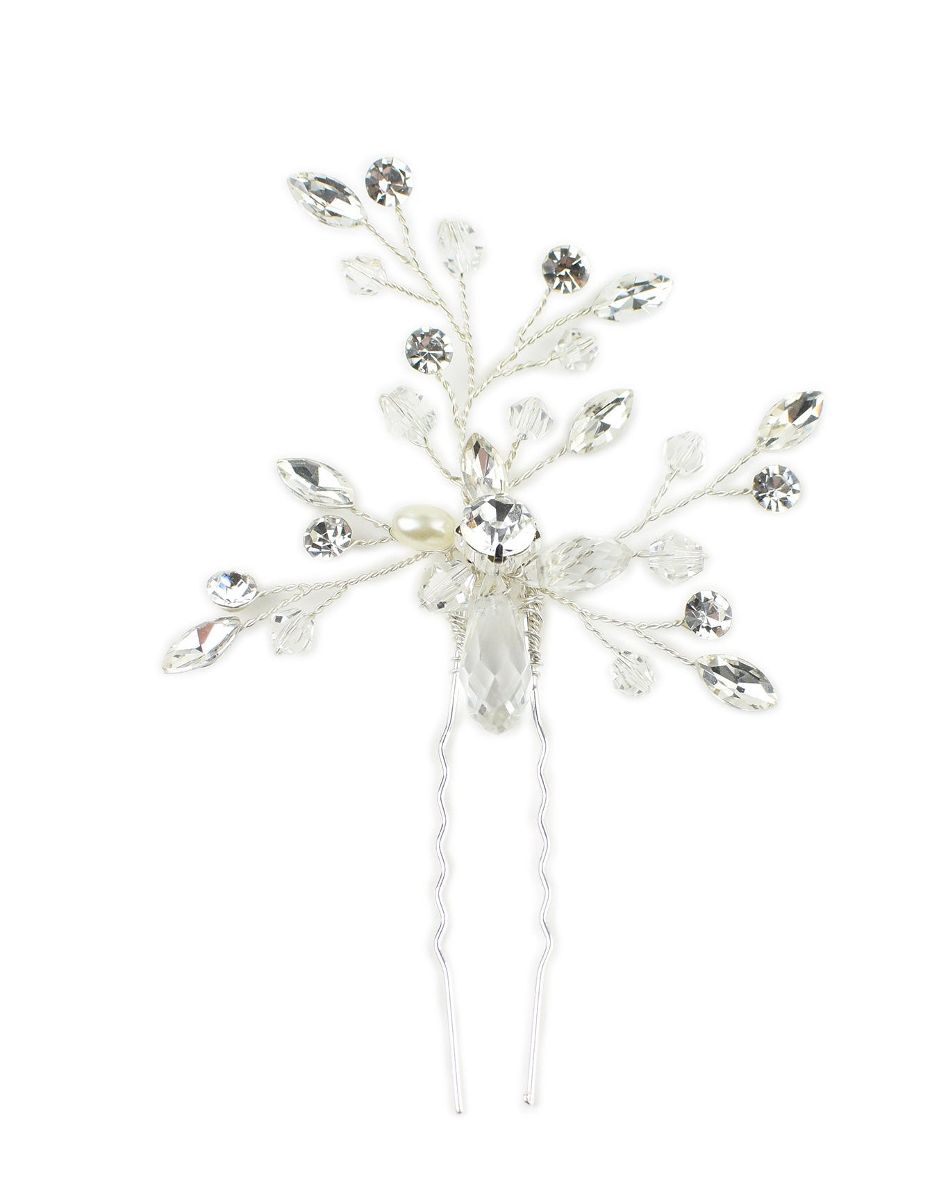 A small Bridal Hairpin with Swarovski White Opal and pearl in silver on a white backdrop