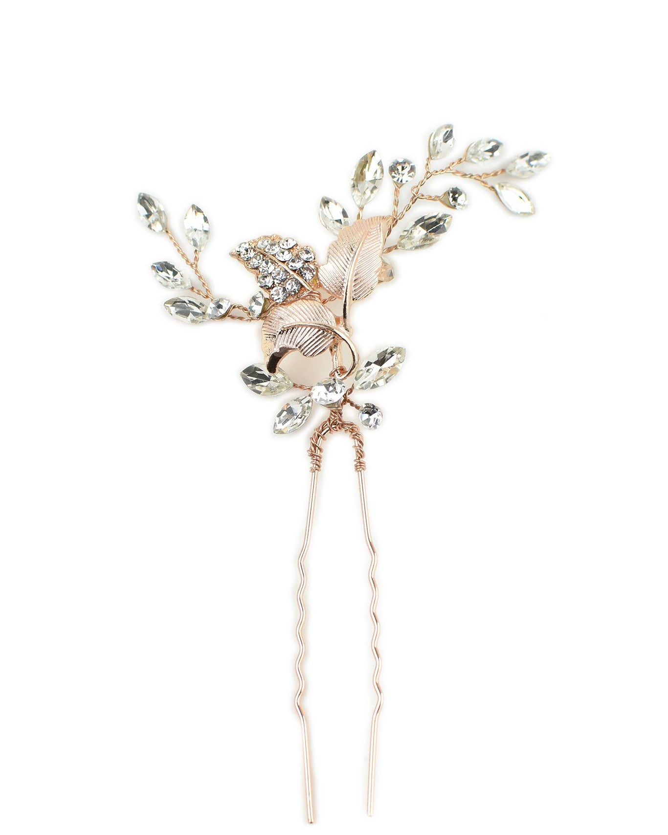 A pale Rose Gold Hairpin with lots of tiny crystals is pictured on a white background