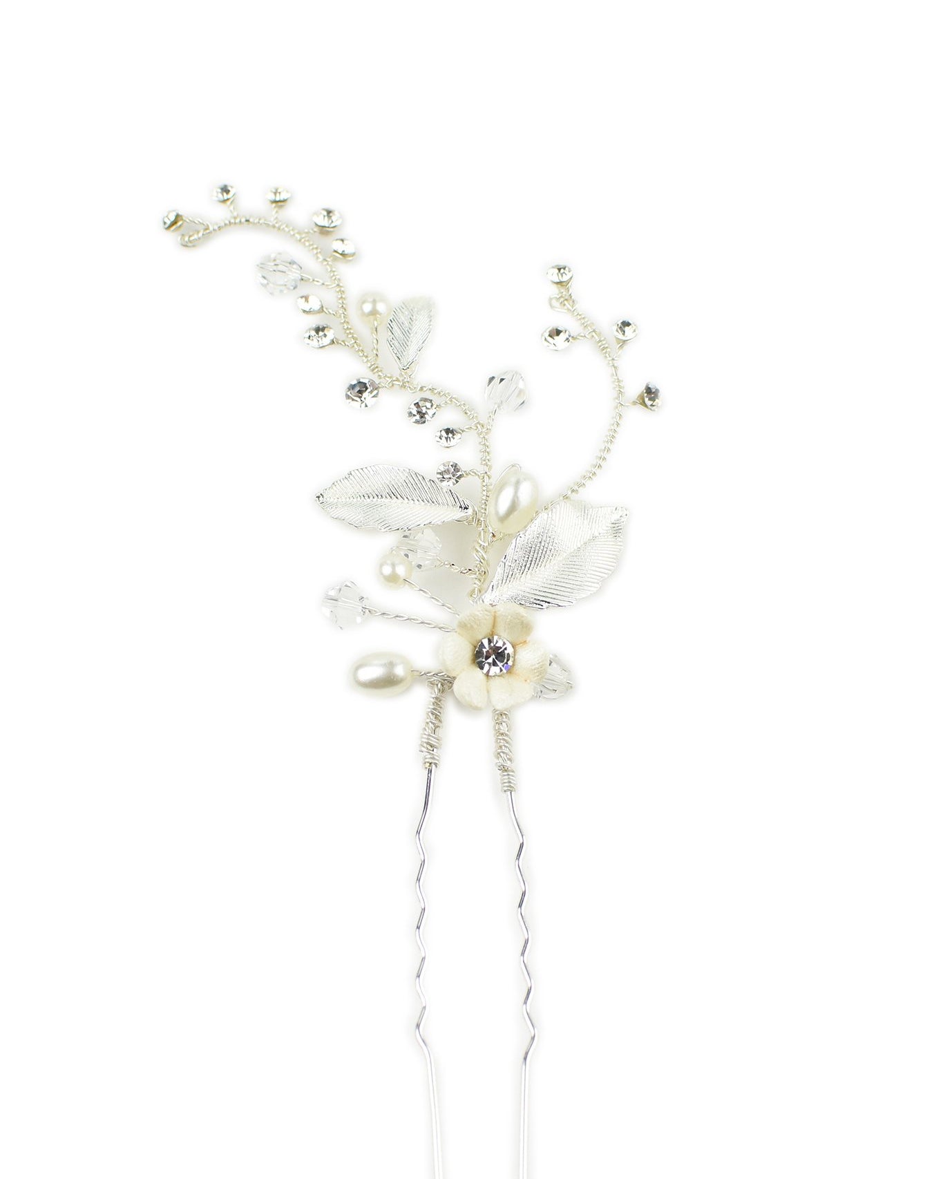 A silver hairpin with a small ceramic flower on a white background