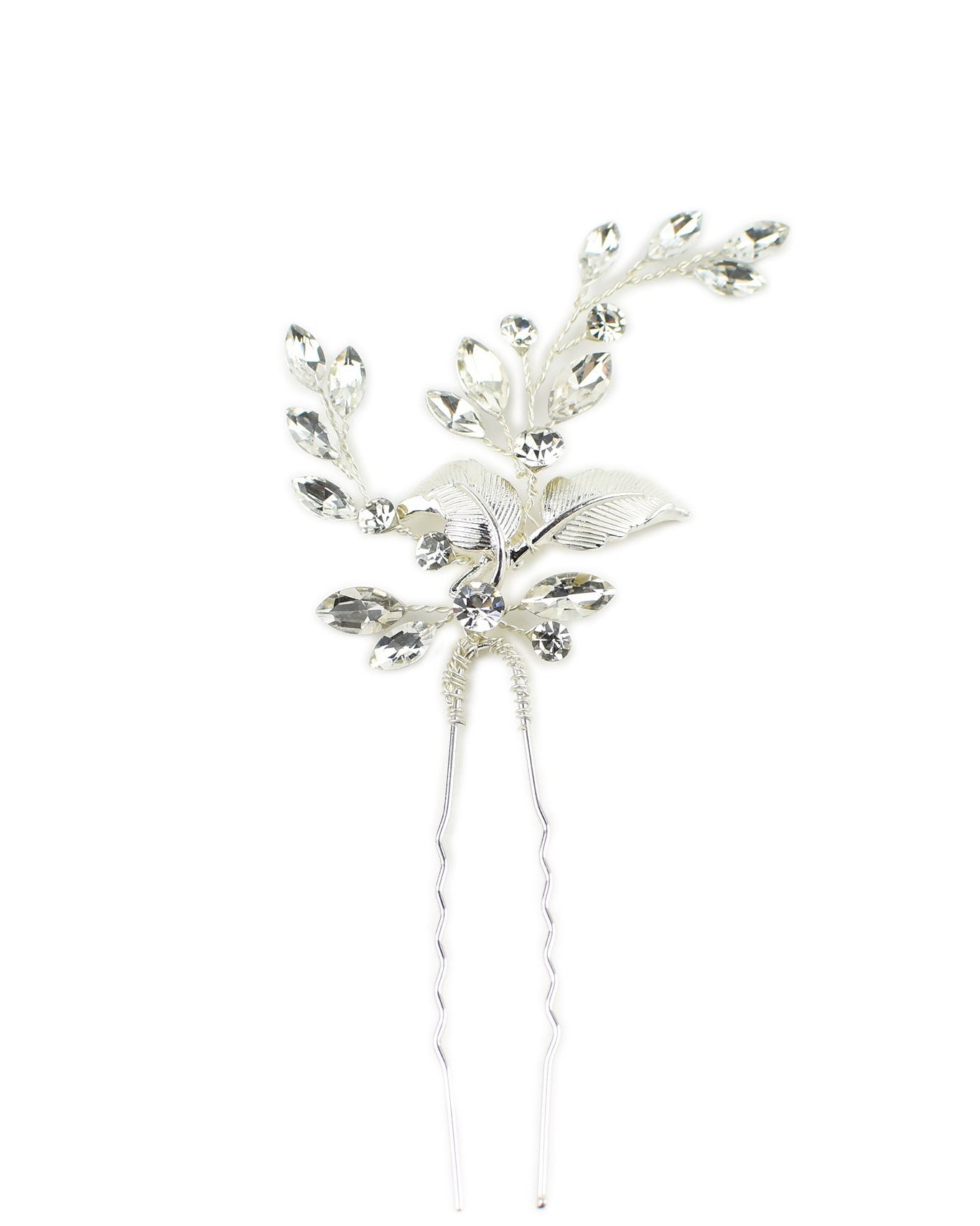 A silver hairpin with crystals shown on a white background