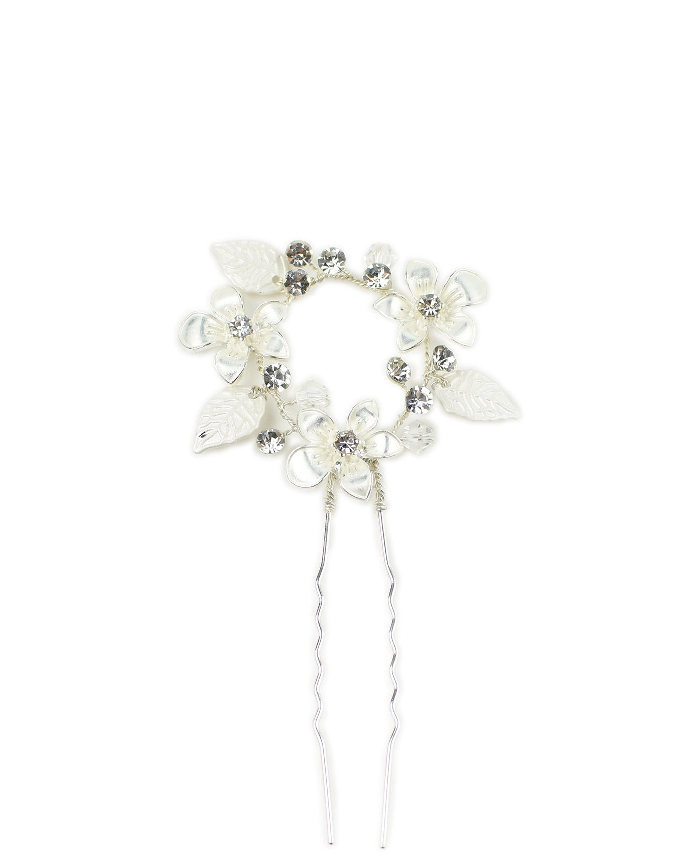 Silver small hairpin for Brides with leaves and flowers shown on a white background