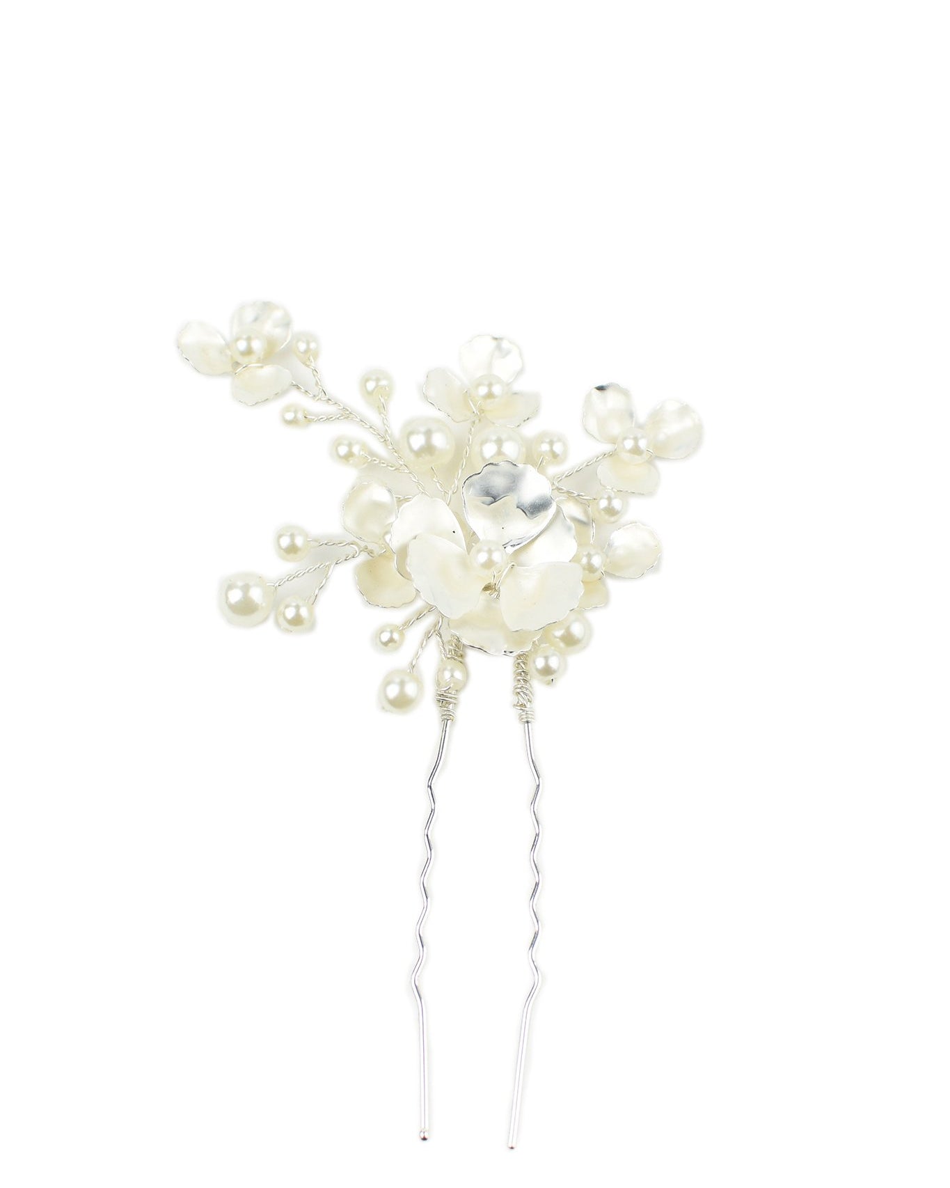 Silver and pearl hair pin on a white background