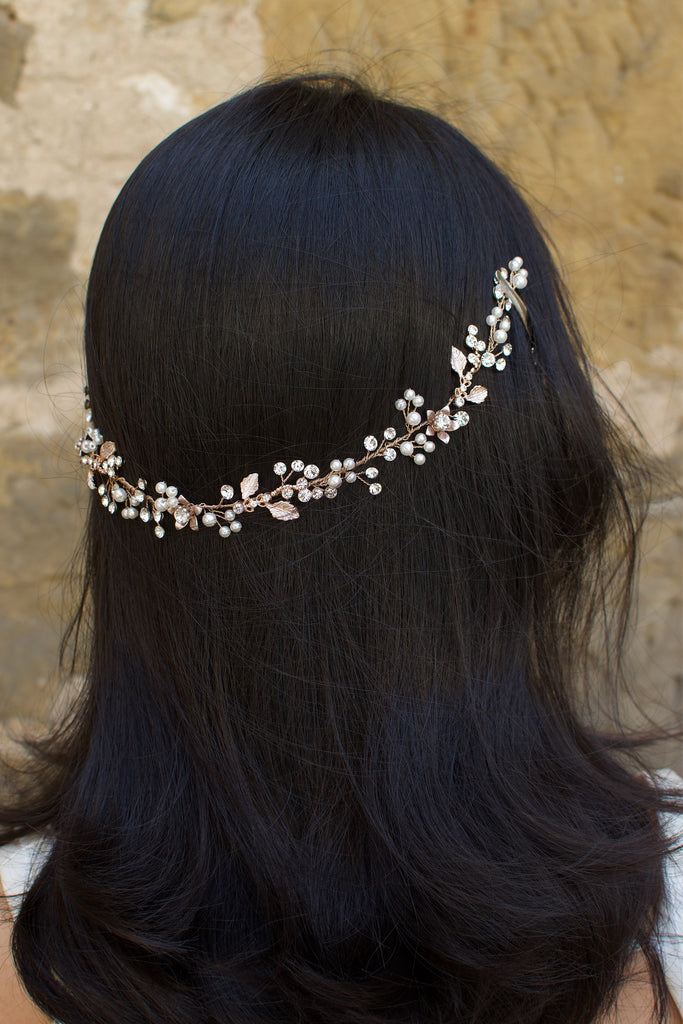 Rose Gold Long Vine with tiny leaves crystals and pearls on a dark hair model