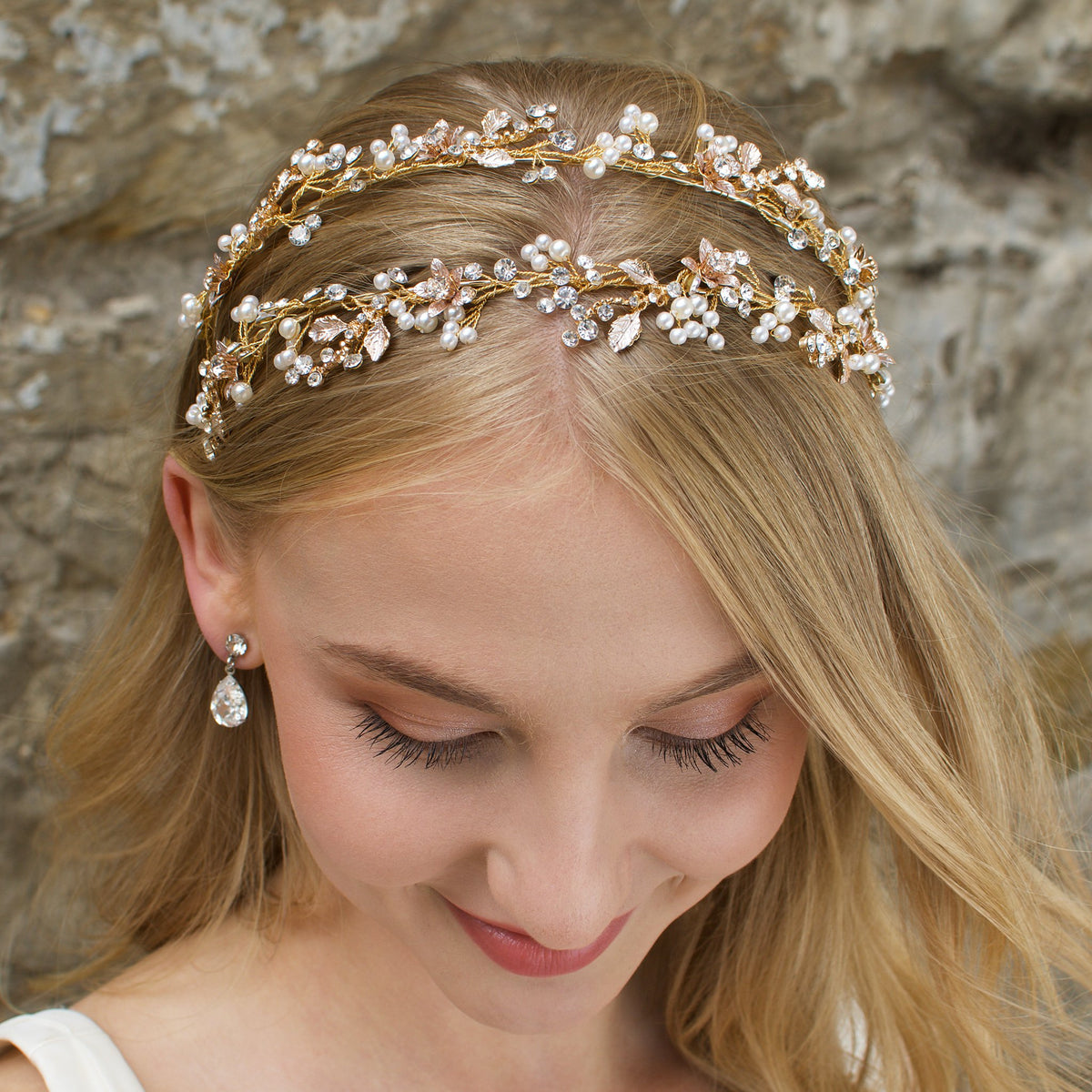 Florence Gold Bridal Headband with Pearl and Crystal 