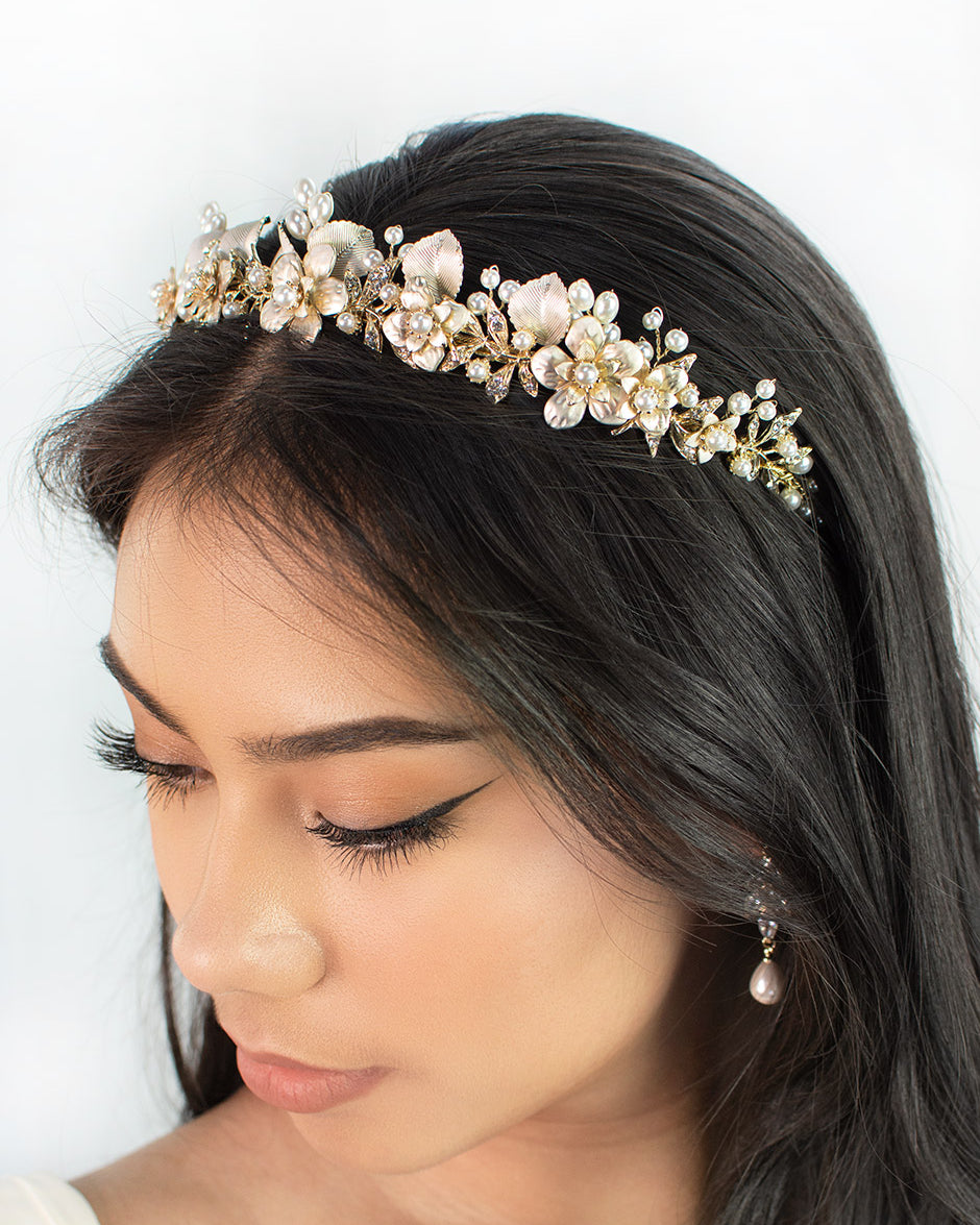Louise Gold Pearl crown by Windsor Bridal Jewellery