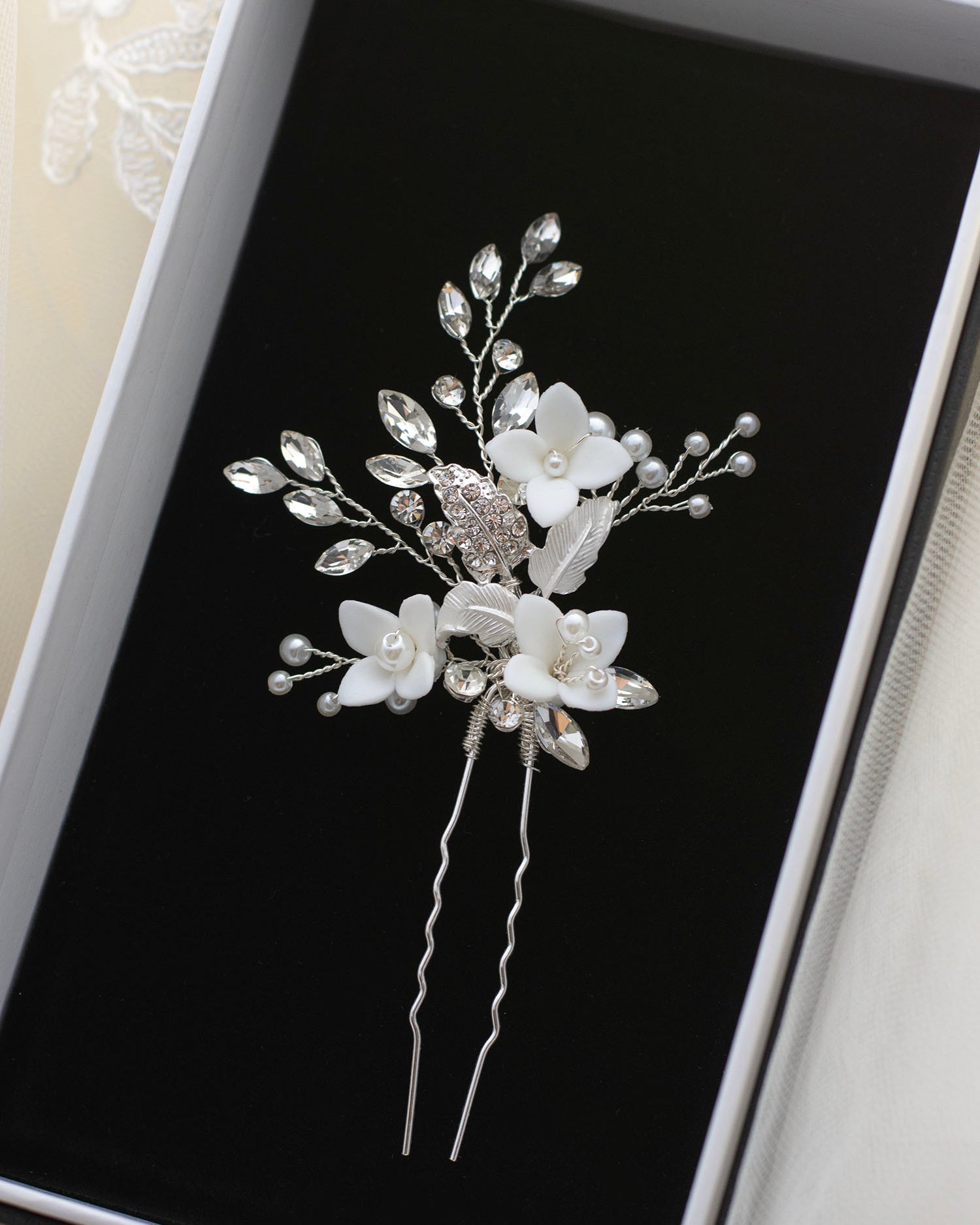 Lilith Silver Bridal Hair Pin with Porcelain Flowers by Windsor Bridal Jewellery