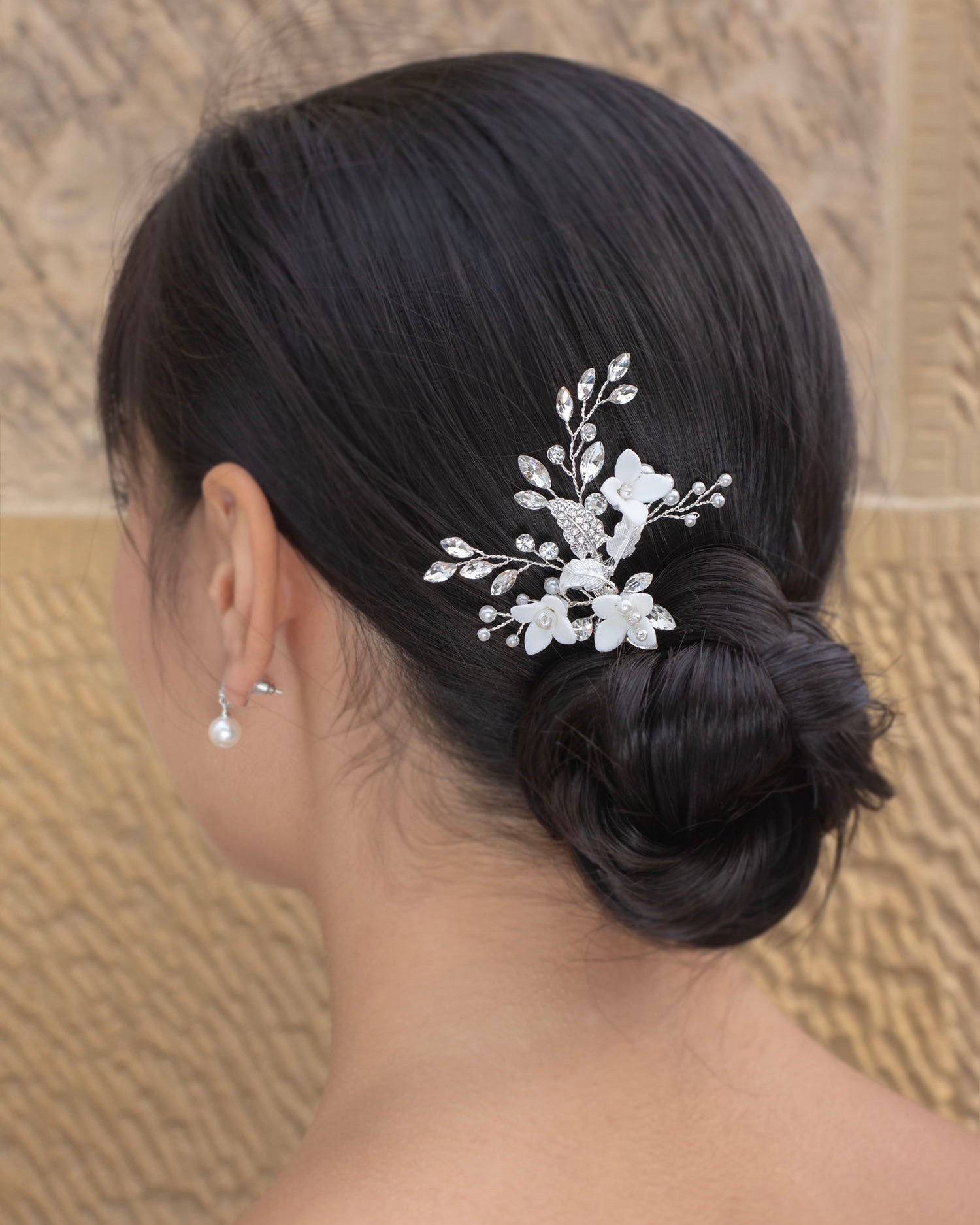Lilith Silver Bridal Hair Pin with Porcelain Flowers — alternate view 2