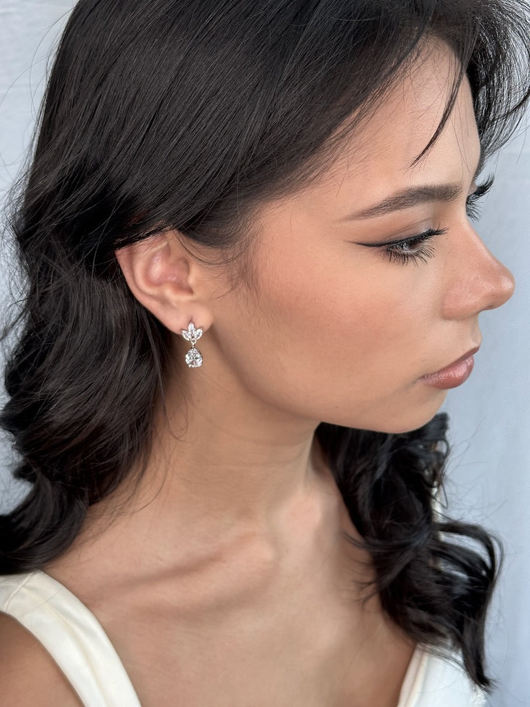 Clara Bridal Earring worn by a dark haired model