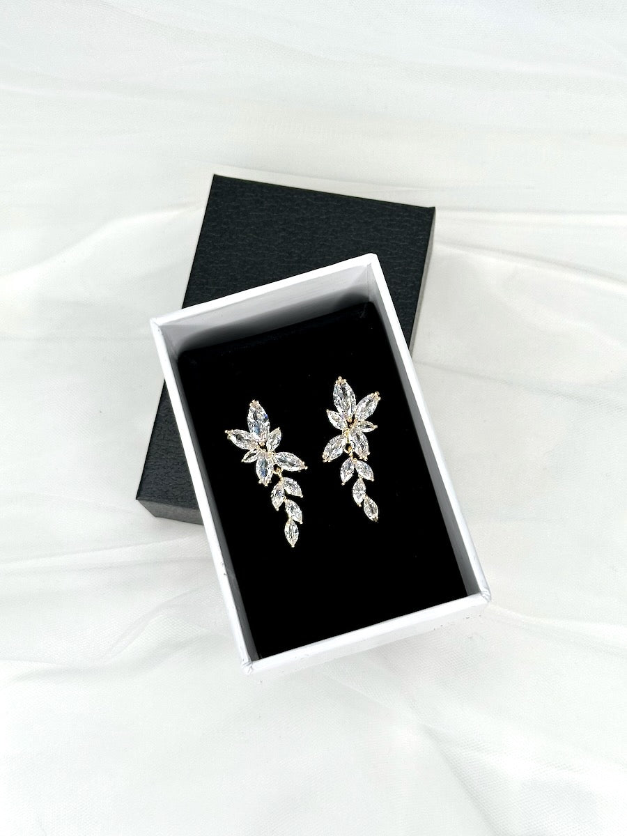 Celia Crystal Earrings in gold shown in a display box