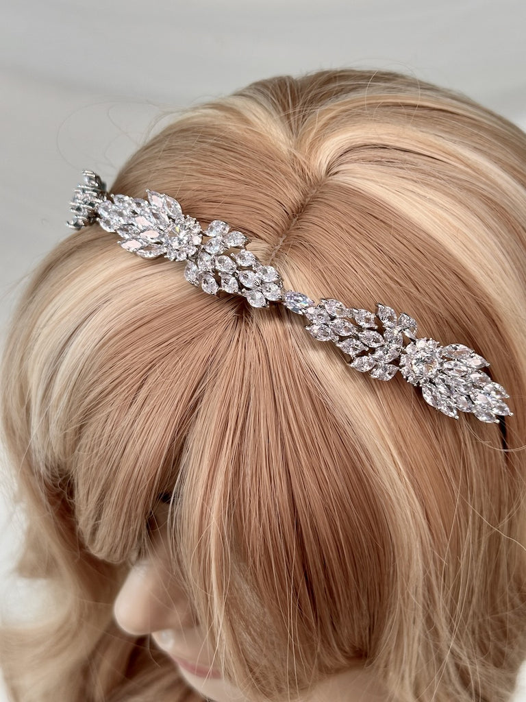 Bridal Silver Crystal Loxley Headband shown on a model head 