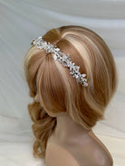 Faith Silver Crystal Bridal Headband worn on a model head