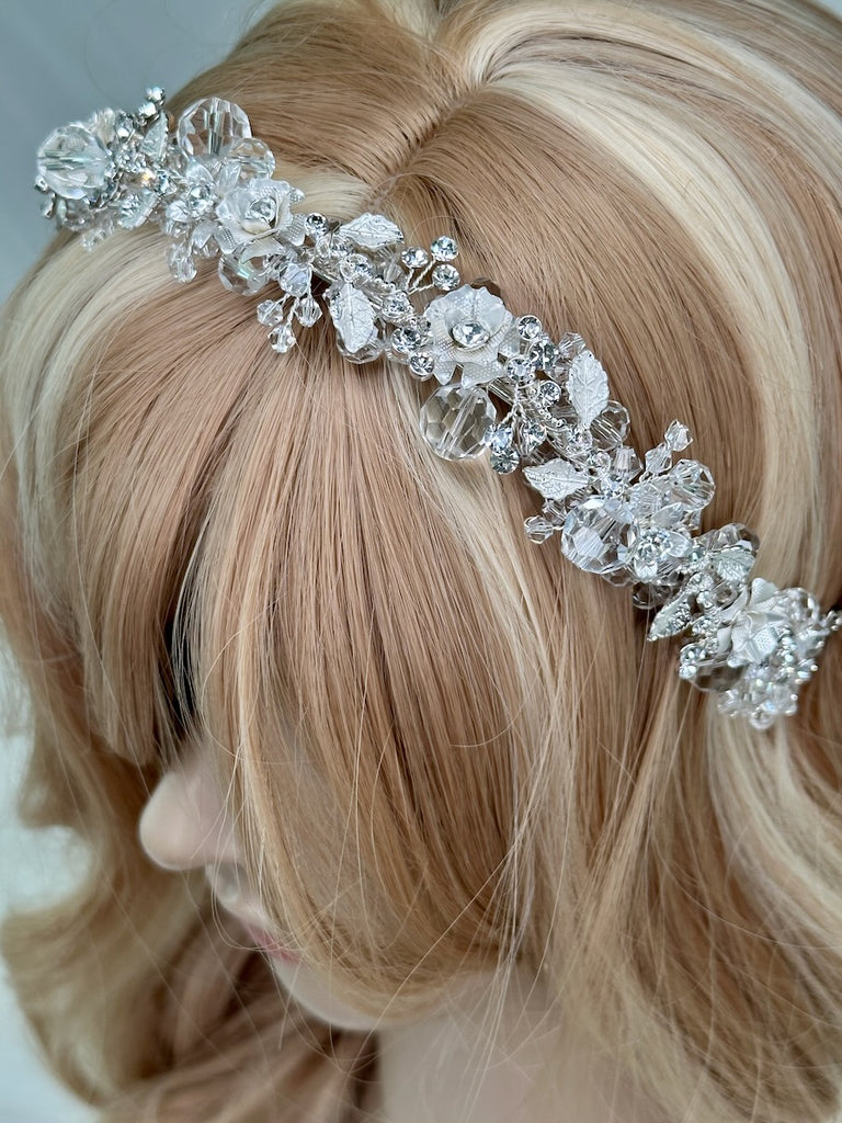 Close up of Quinn Silver Crystal headband on a model head