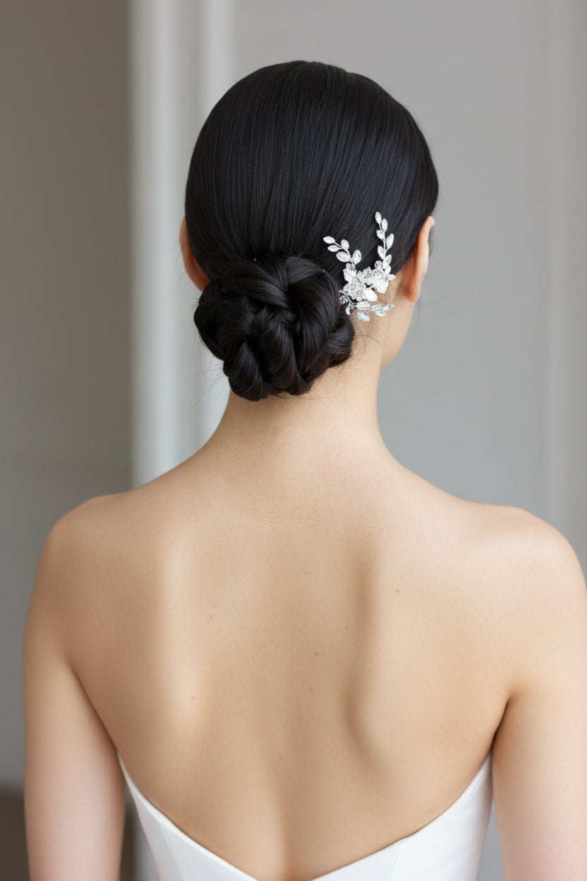 Woman with braided hair adorned with a decorative hairpiece against a neutral background