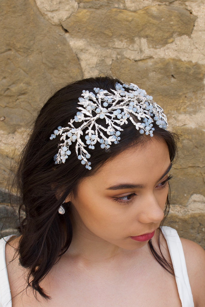 Wide Bridal Headband in Silver with white opal Swarovski  beads worn by a bride