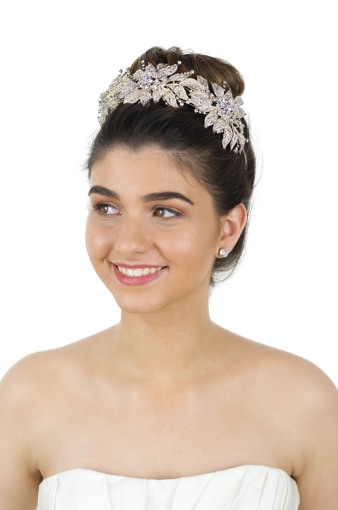 Handmade Pale Gold Bridal Tiara with hundreds of tiny stones worn by lovely smiling bride