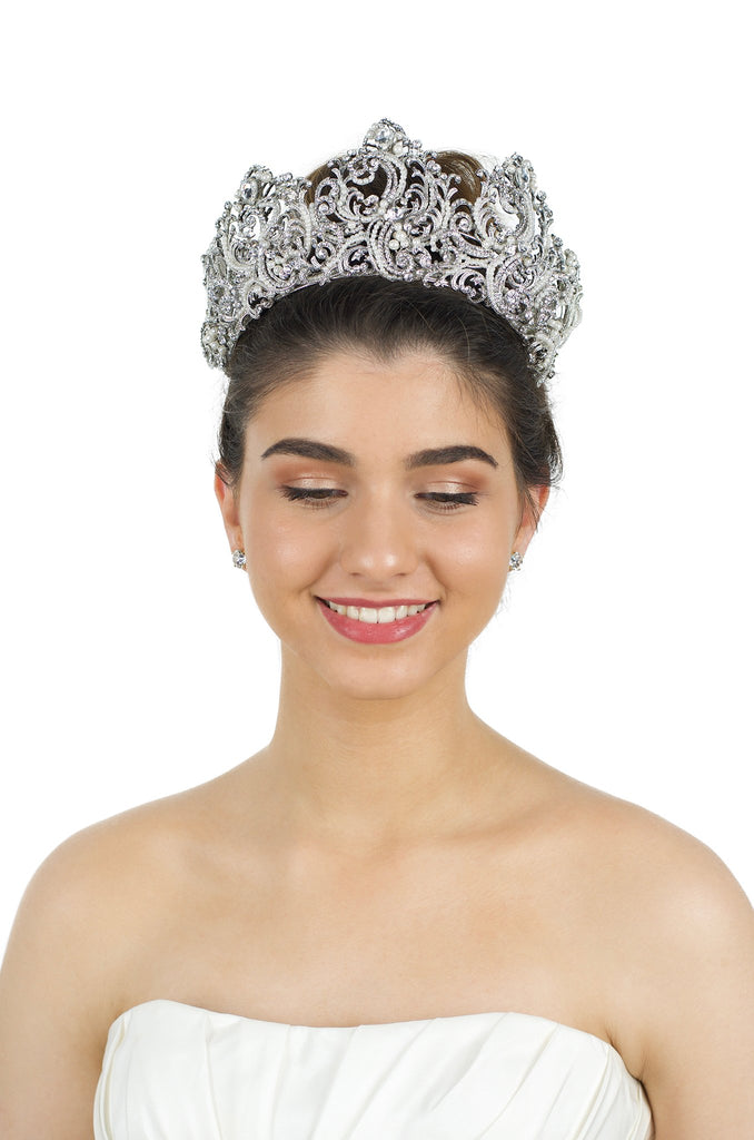 Five point crown with pearls shown on a lovely smiling bride