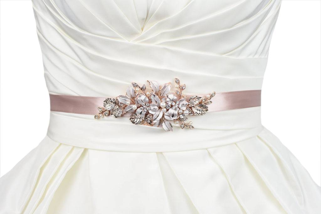 Pale Rose Gold Bridal Belt with leaves and flowers on matching dusty pink ribbon worn on an ivory bridal gown