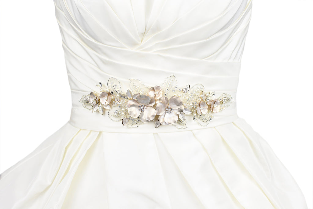 Wide Belt on an ivory Bridal Gown with large pale gold flowers and a border of lace leaves
