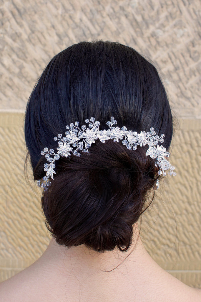 Silver Crystal Swarovski beads hair clip worn by a bride with her hair up