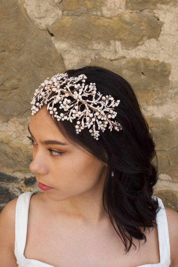 Rose Gold and Coral Colour wide headband worn by a bride