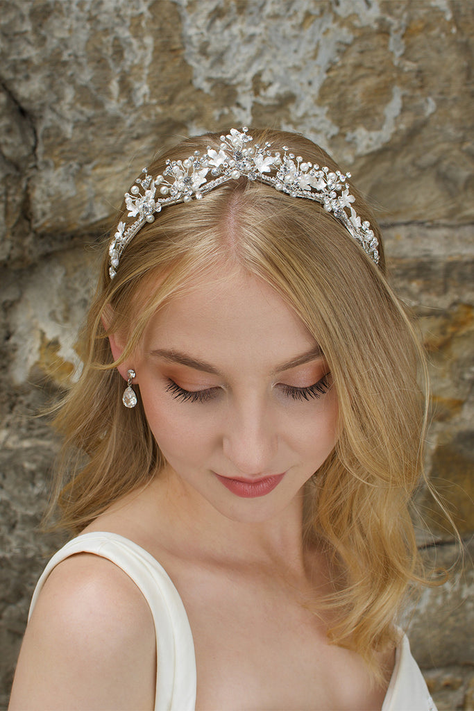Low Bridal Headband in silver with pearls worn by blonde bride