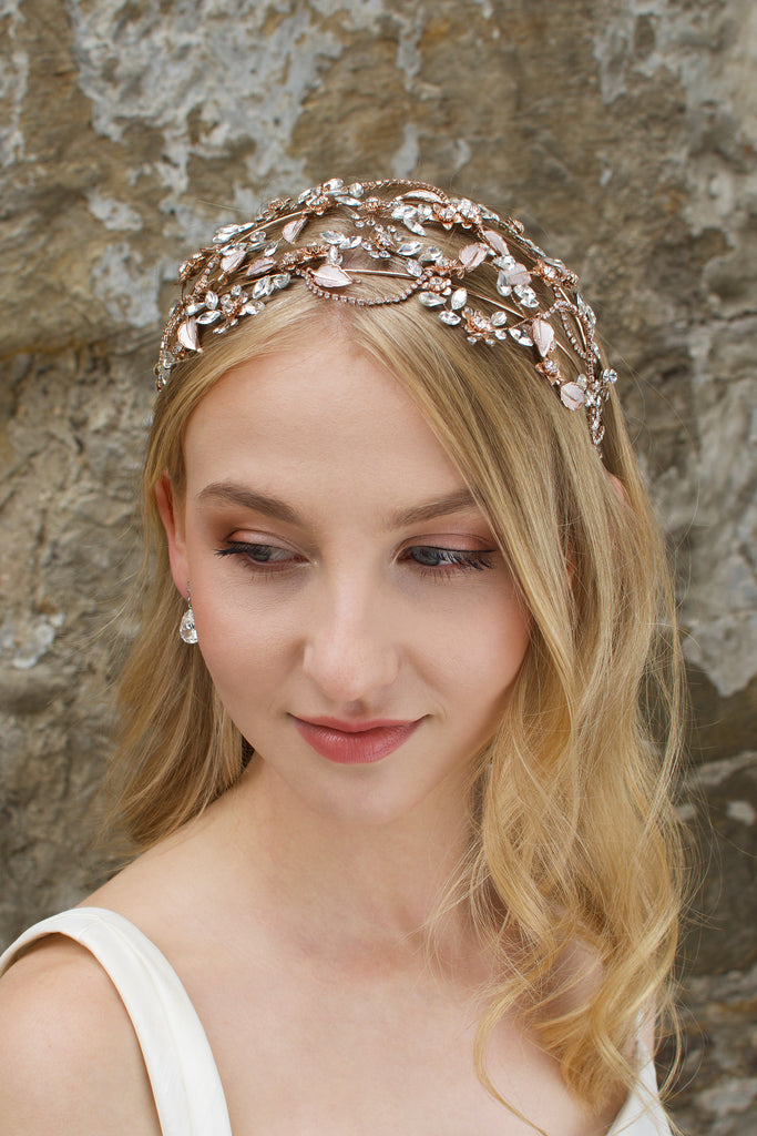 Wide Bridal Headband in Rose Gold worn by a bridal model