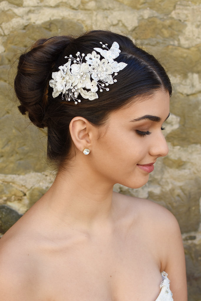 Ivory lace bridal side comb with few crystals shown with Bridal hair style